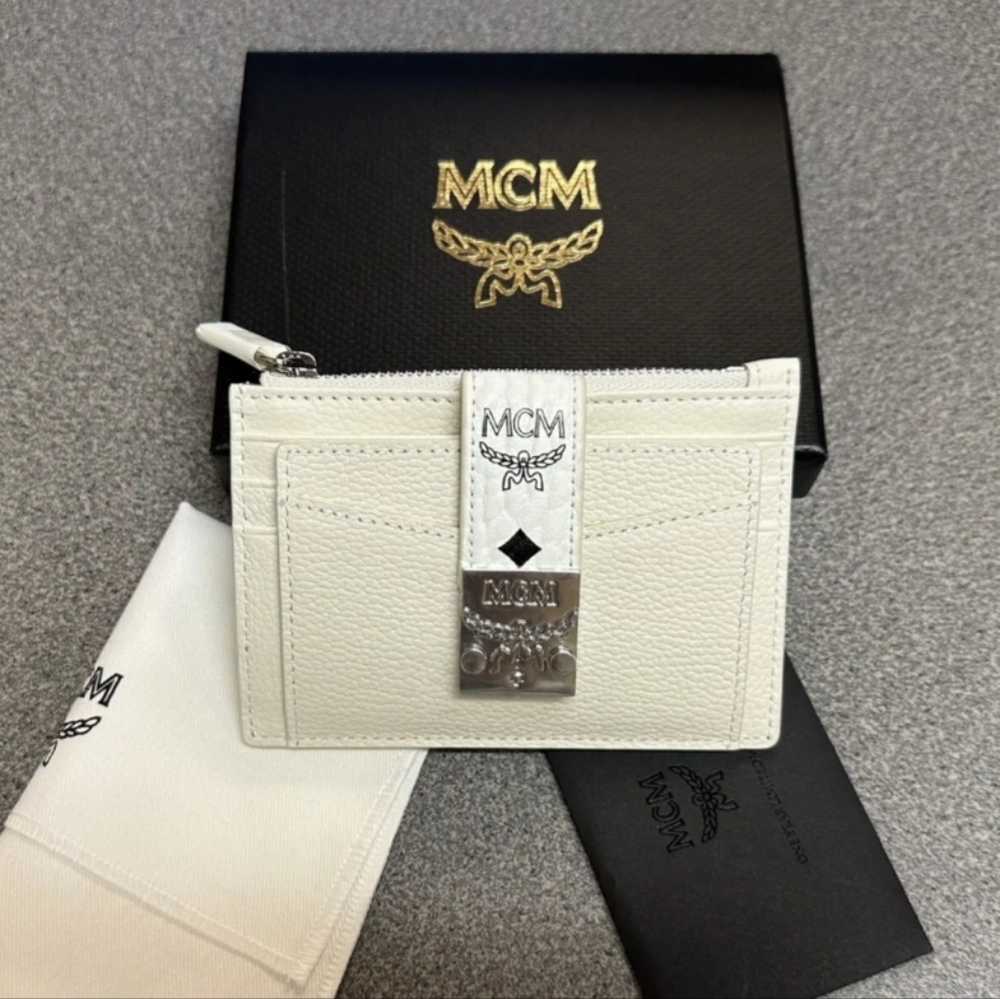 MCM genuine leather monogram zip card wallet